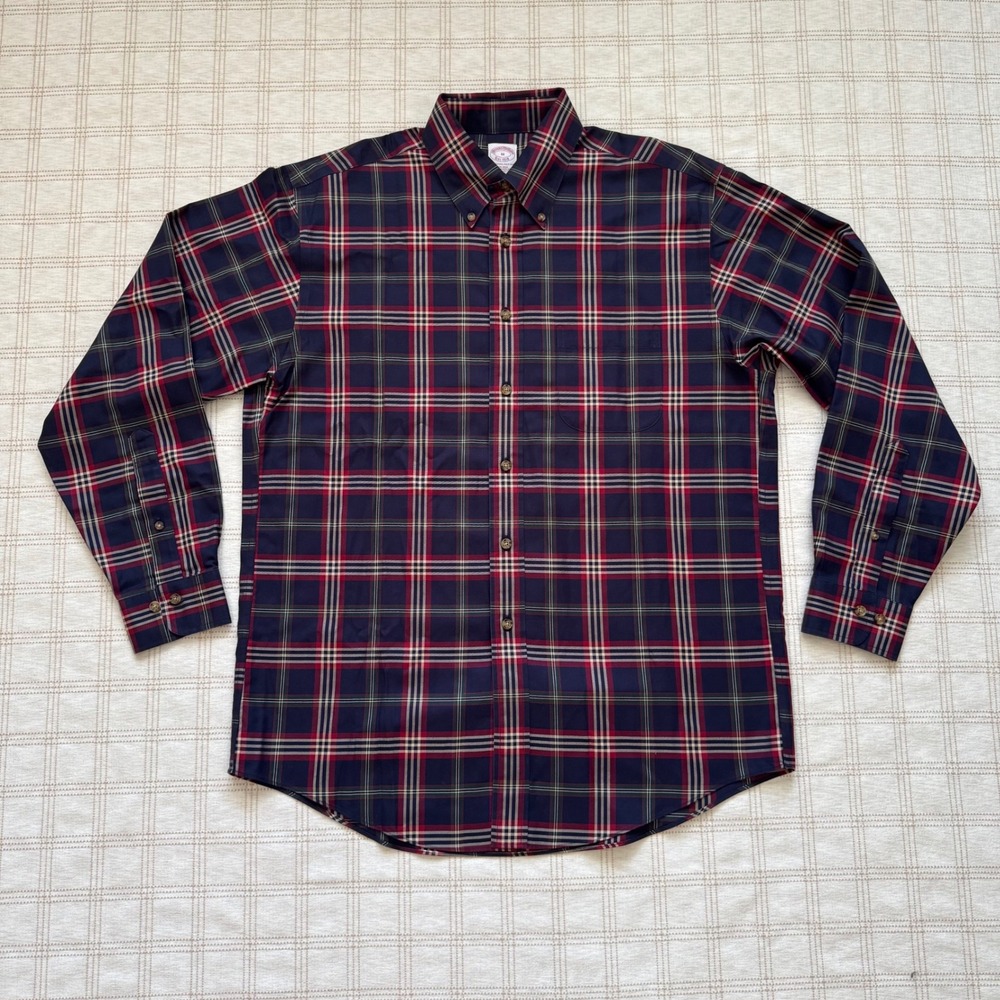Brooks Brothers Non-Iron Supima Cotton Plaid Button Down Shirt Mens Medium Navy